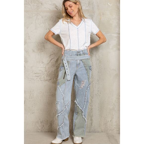 POL Striped Belted Frayed Seam Distressed Straight Denim High Waisted Jeans - Picture 5 of 5